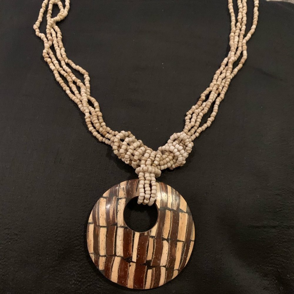Brand New Beaded Necklace With Wooden Pendant